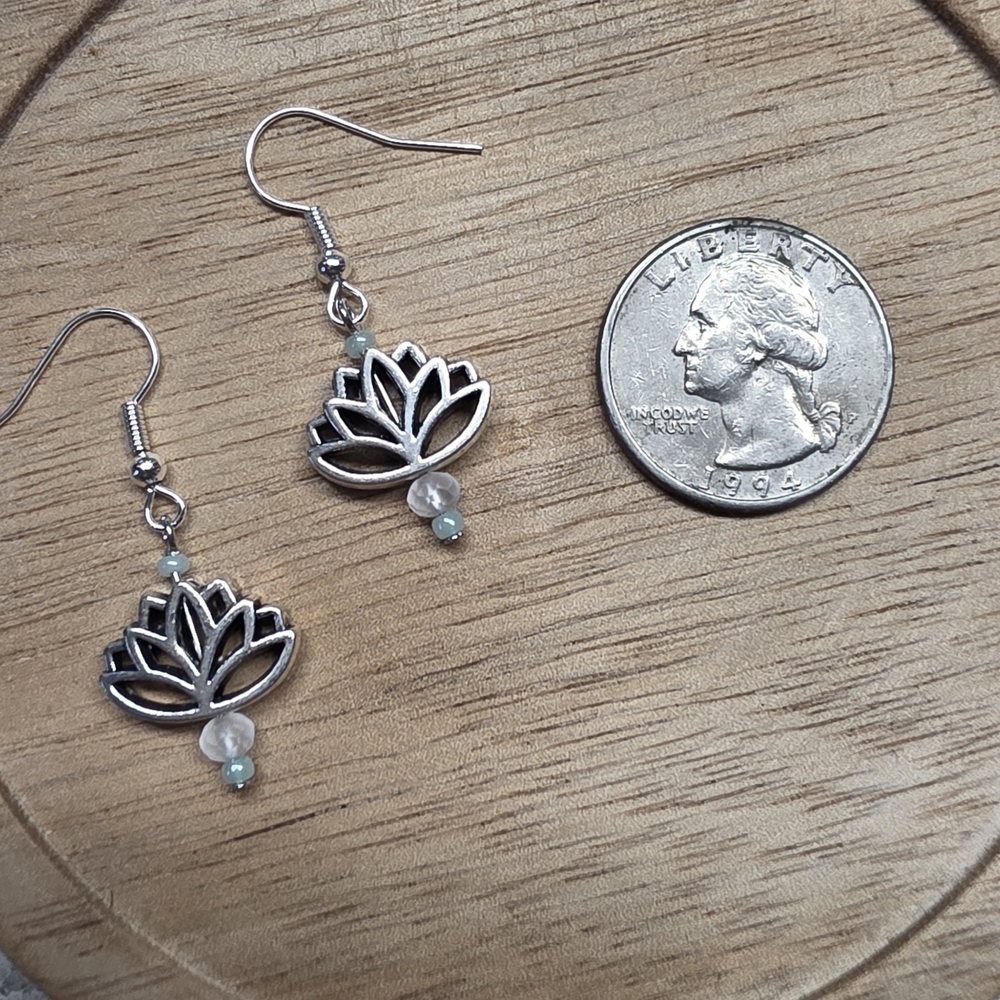 Lotus Earrings with White & Light Green Beaded Accents, Silver Hooks, Handmade